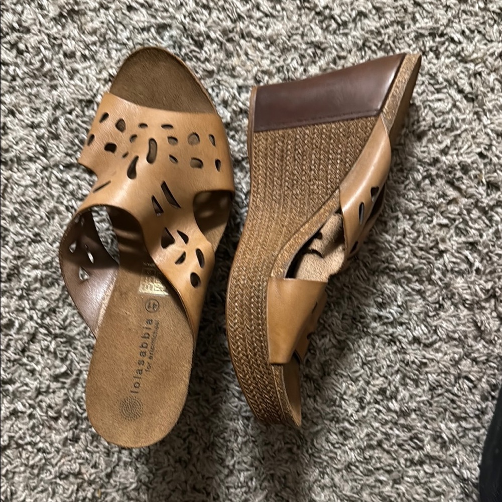 Toms Tan and Brown Wedge Sandals with Cutout Design